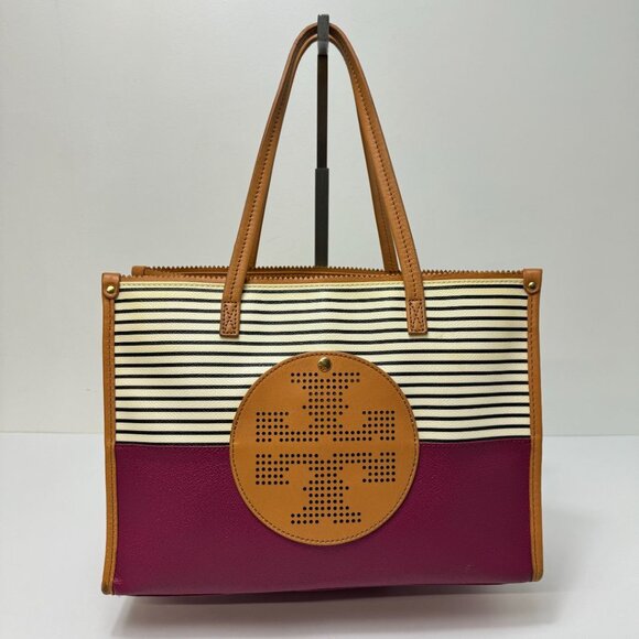 Tory Burch Viva Perforated Logo Colorblock Leather Tote Black White Burgundy - Picture 7 of 7